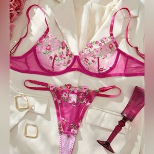 Floral Embroidered Pink Lingerie Set